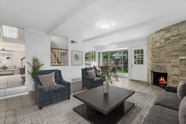 Dining room, Fireplace, Interior, Living room, Stone Walls