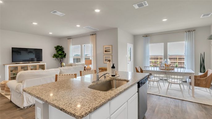 Dining room, Interior, Kitchen, Living room, Recessed Lighting, Wood Texture Flooring