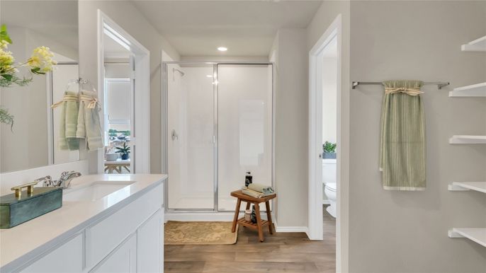 Bathroom, Interior, Recessed Lighting, Wood Texture Flooring