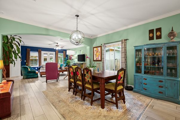 Dining room, Interior, Living room, Pendant Lights, Wood Texture Flooring
