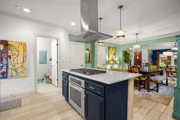 Dining room, Interior, Kitchen, Pendant Lights, Recessed Lighting, Stainless Steel Appliances, Wood Texture Flooring