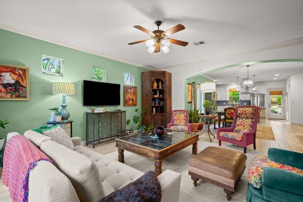 Chandelier, Dining room, Interior, Kitchen, Living room, Recessed Lighting, Stainless Steel Appliances, Wood Texture Flooring