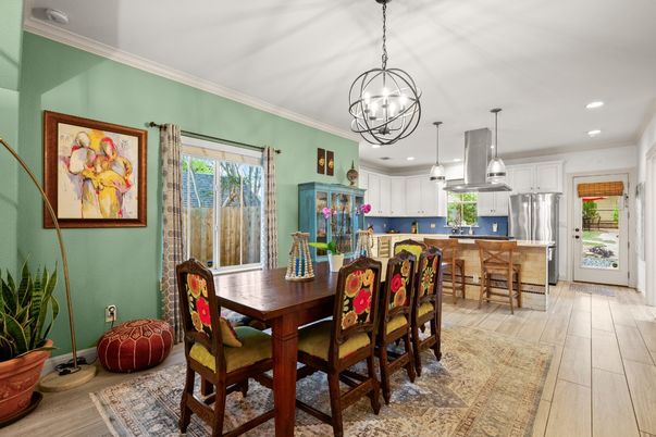 Chandelier, Dining room, Interior, Kitchen, Pendant Lights, Recessed Lighting, Stainless Steel Appliances, Wood Texture Flooring
