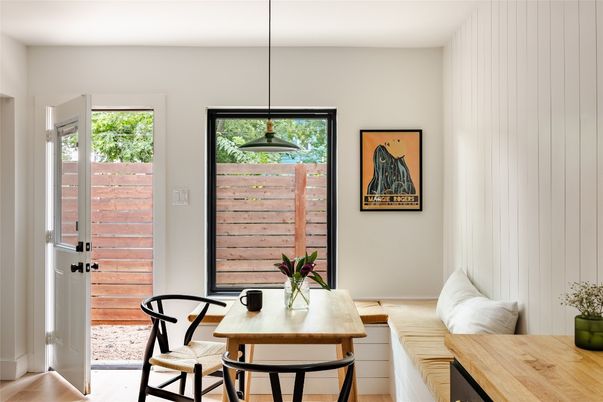 Dining room, Interior, Pendant Lights, Wood Texture Flooring