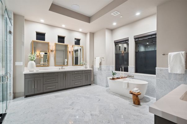 Bathroom, Dual Sink Vanities, Free Standing Baths, Interior, Marble, Recessed Lighting