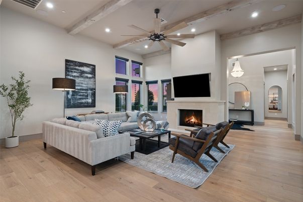 Fireplace, Interior, Living room, Recessed Lighting, Wooden Beams, Wood Texture Flooring