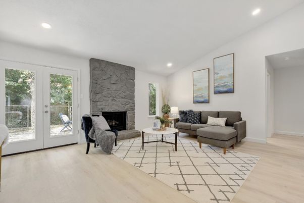 Fireplace, Interior, Living room, Recessed Lighting, Wood Texture Flooring