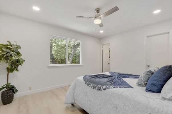Bedroom, Interior, Recessed Lighting, Wood Texture Flooring