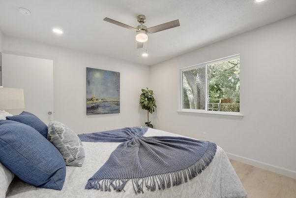 Bedroom, Interior, Recessed Lighting, Wood Texture Flooring