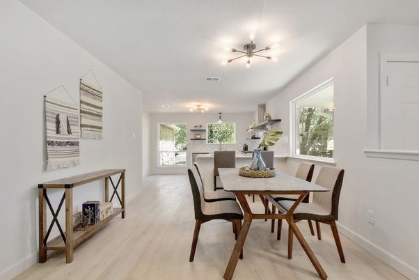 Dining room, Interior, Pendant Lights, Wood Texture Flooring