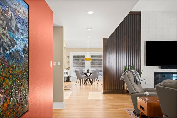 Dining room, Fireplace, Interior, Pendant Lights, Recessed Lighting, Wood Texture Flooring