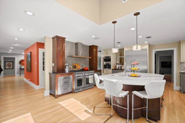 Interior, Kitchen, Pendant Lights, Recessed Lighting, Stainless Steel Appliances, Wood Texture Flooring