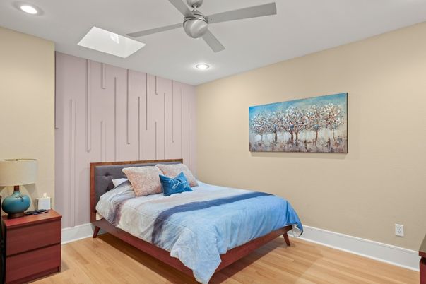 Bedroom, Interior, Recessed Lighting, Wood Texture Flooring