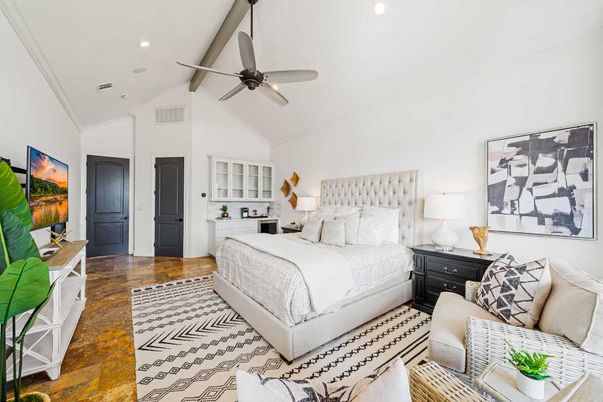 Bedroom, Interior, Recessed Lighting, Wood Texture Flooring