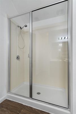 Bathroom, Glass Shower, Interior, Wood Texture Flooring