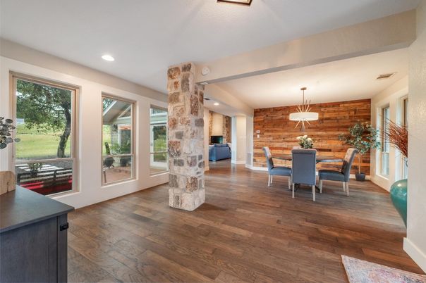 Dining room, Interior, Pendant Lights, Recessed Lighting, Stone Walls, Wood Texture Flooring, Wooden Walls