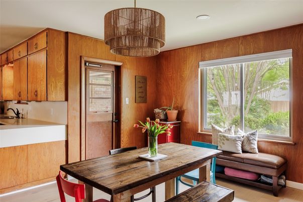 Chandelier, Dining room, Interior, Recessed Lighting, Wood Texture Flooring, Wooden Walls