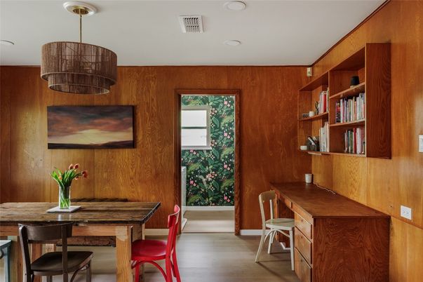 Chandelier, Home Office, Interior, Recessed Lighting, Wood Texture Flooring, Wooden Walls
