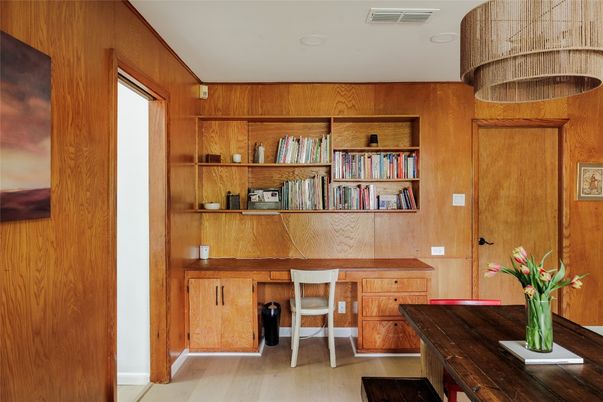 Home Office, Interior, Recessed Lighting, Wood Texture Flooring, Wooden Walls