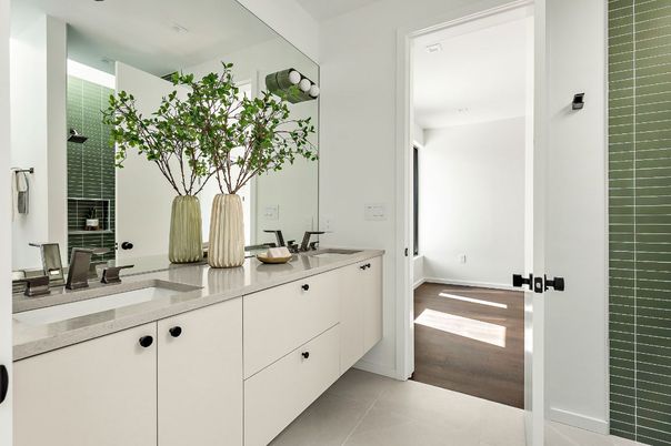 Bathroom, Dual Sink Vanities, Interior, Recessed Lighting, Wood Texture Flooring