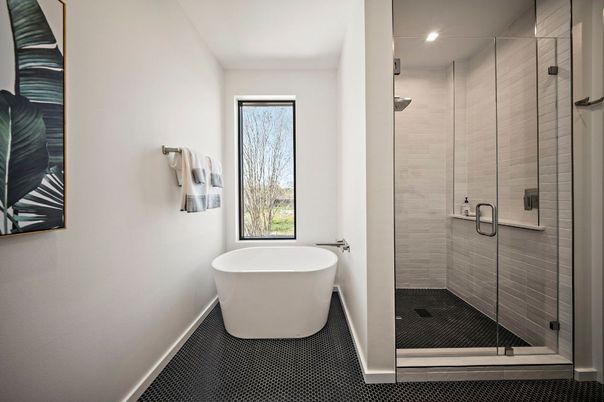 Bathroom, Free Standing Baths, Glass Shower, Interior, Recessed Lighting