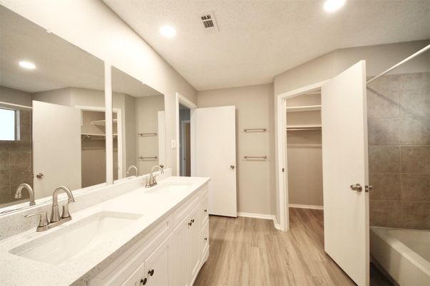 Bathroom, Dual Sink Vanities, Interior, Recessed Lighting, Walk-in Closets, Wood Texture Flooring