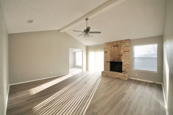 Empty room, Fireplace, Interior, Stone Walls, Wood Texture Flooring