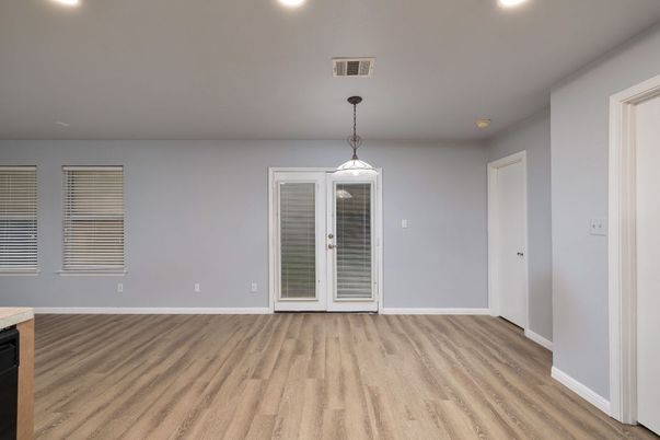 Empty room, Interior, Pendant Lights, Recessed Lighting, Wood Texture Flooring