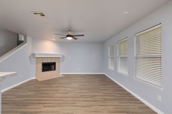 Empty room, Fireplace, Interior, Recessed Lighting, Wood Texture Flooring
