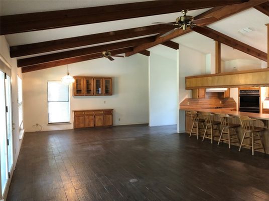 Empty room, Interior, Kitchen, Pendant Lights, Wooden Beams, Wood Texture Flooring
