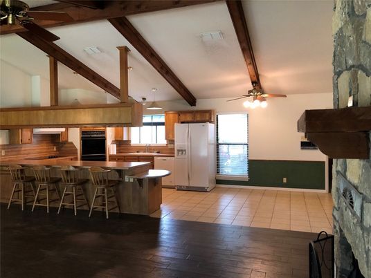 Fireplace, Interior, Kitchen, Pendant Lights, Wooden Beams, Wood Texture Flooring