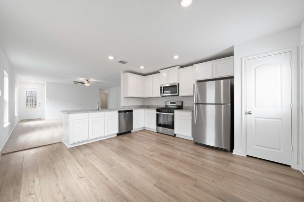 Interior, Kitchen, Recessed Lighting, Stainless Steel Appliances, Wood Texture Flooring