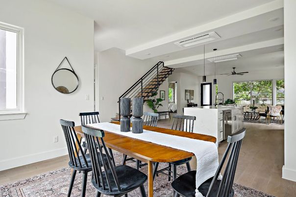 Dining room, Interior, Kitchen, Pendant Lights, Recessed Lighting, Wood Texture Flooring