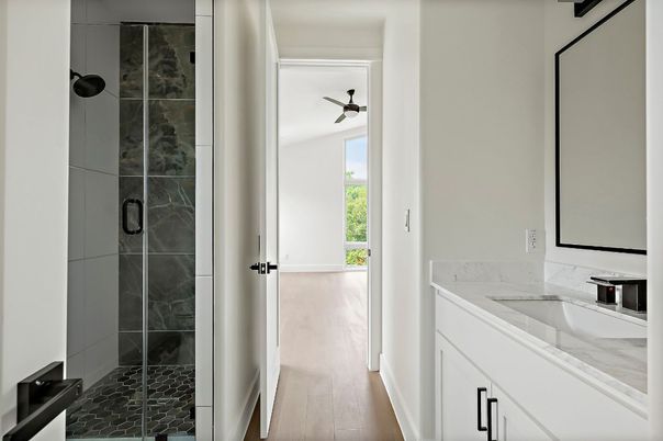 Bathroom, Glass Shower, Interior, Wood Texture Flooring