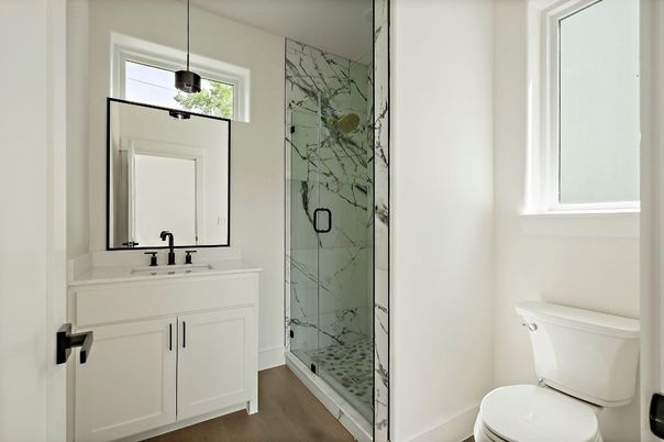 Bathroom, Glass Shower, Interior, Marble Walls, Pendant Lights, Wood Texture Flooring