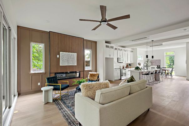 Dining room, Interior, Kitchen, Living room, Pendant Lights, Wood Texture Flooring