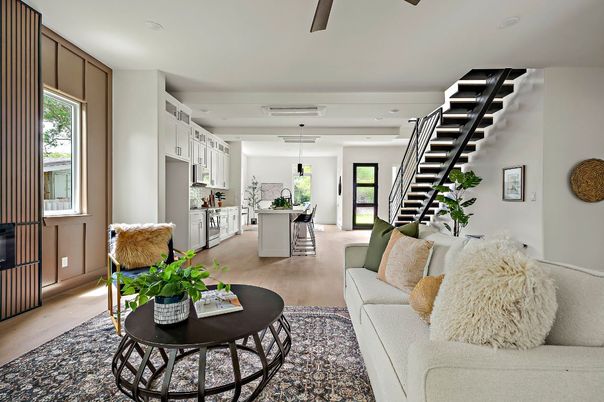 Interior, Kitchen, Living room, Pendant Lights, Recessed Lighting, Wood Texture Flooring