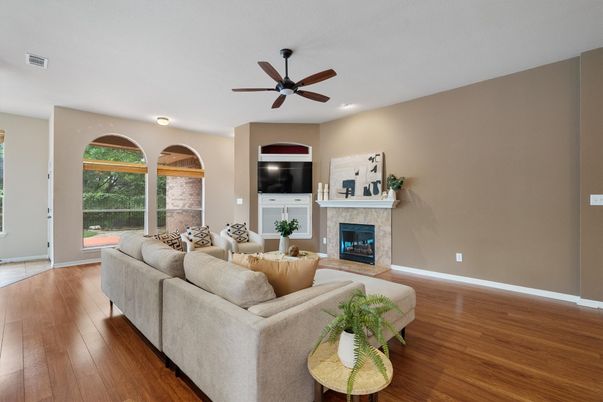 Fireplace, Interior, Living room, Recessed Lighting, Wood Texture Flooring