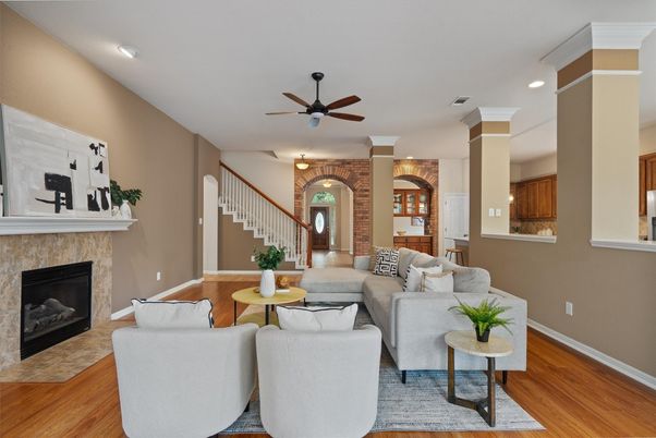 Fireplace, Interior, Living room, Recessed Lighting, Stone Walls, Wood Texture Flooring