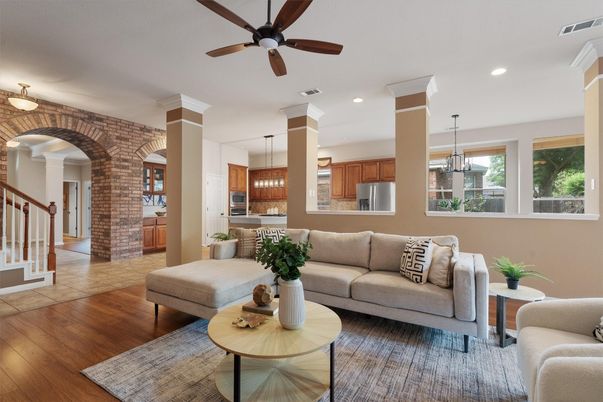 Dining room, Interior, Kitchen, Living room, Pendant Lights, Recessed Lighting, Stone Walls, Wood Texture Flooring