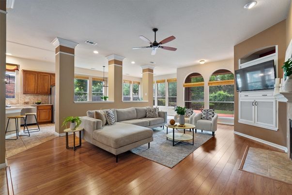 Fireplace, Interior, Kitchen, Living room, Recessed Lighting, Wood Texture Flooring