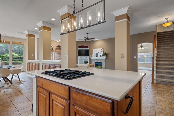 Dining room, Fireplace, Interior, Kitchen, Pendant Lights, Recessed Lighting