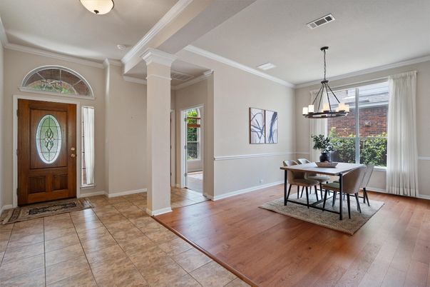 Dining room, Interior, Pendant Lights, Wood Texture Flooring