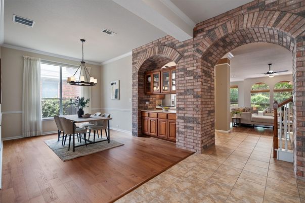 Dining room, Interior, Pendant Lights, Stone Walls, Wood Texture Flooring