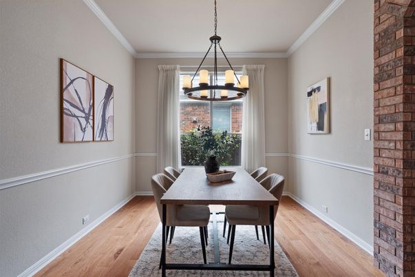 Dining room, Interior, Pendant Lights, Stone Walls, Wood Texture Flooring