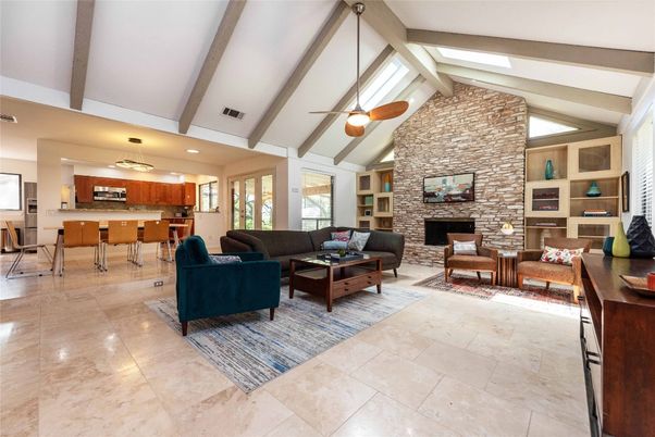 Fireplace, Interior, Kitchen, Living room, Recessed Lighting, Stone Walls