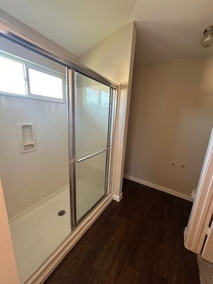 Bathroom, Glass Shower, Interior, Wood Texture Flooring
