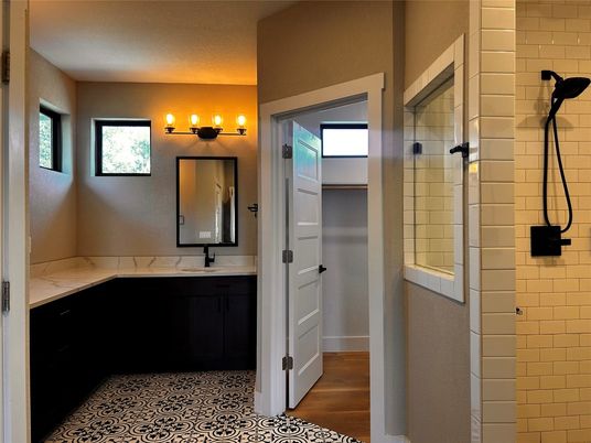 Bathroom, Glass Shower, Interior, Wood Texture Flooring