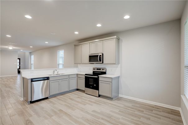 Interior, Kitchen, Recessed Lighting, Stainless Steel Appliances, Wood Texture Flooring