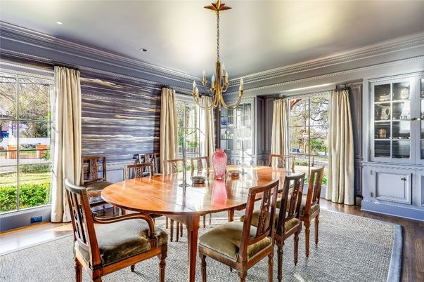Dining room, Interior, Pendant Lights, Recessed Lighting, Wood Texture Flooring